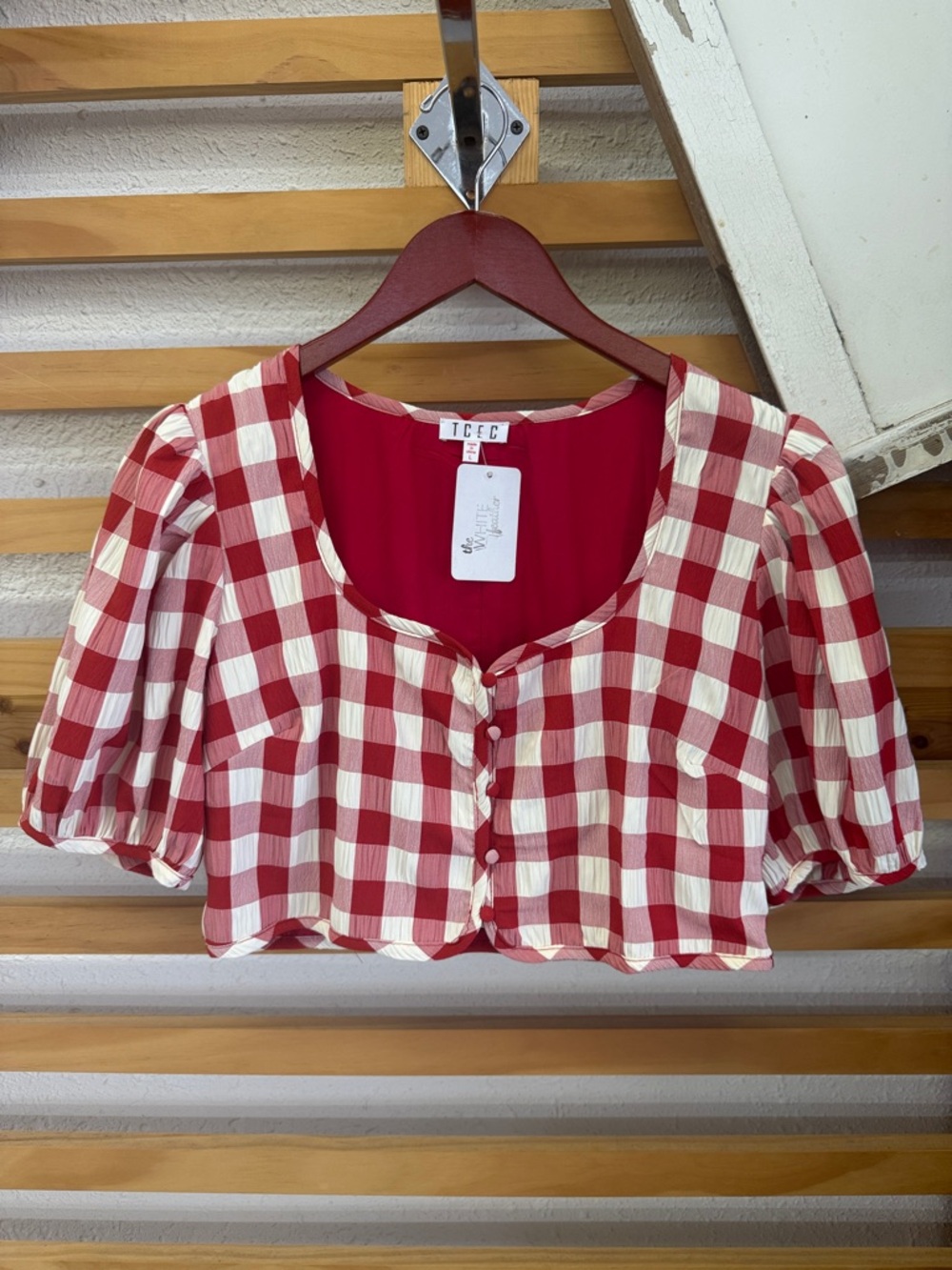 TCEC Red & Cream Gingham Cropped Puff Sleeve Blouse